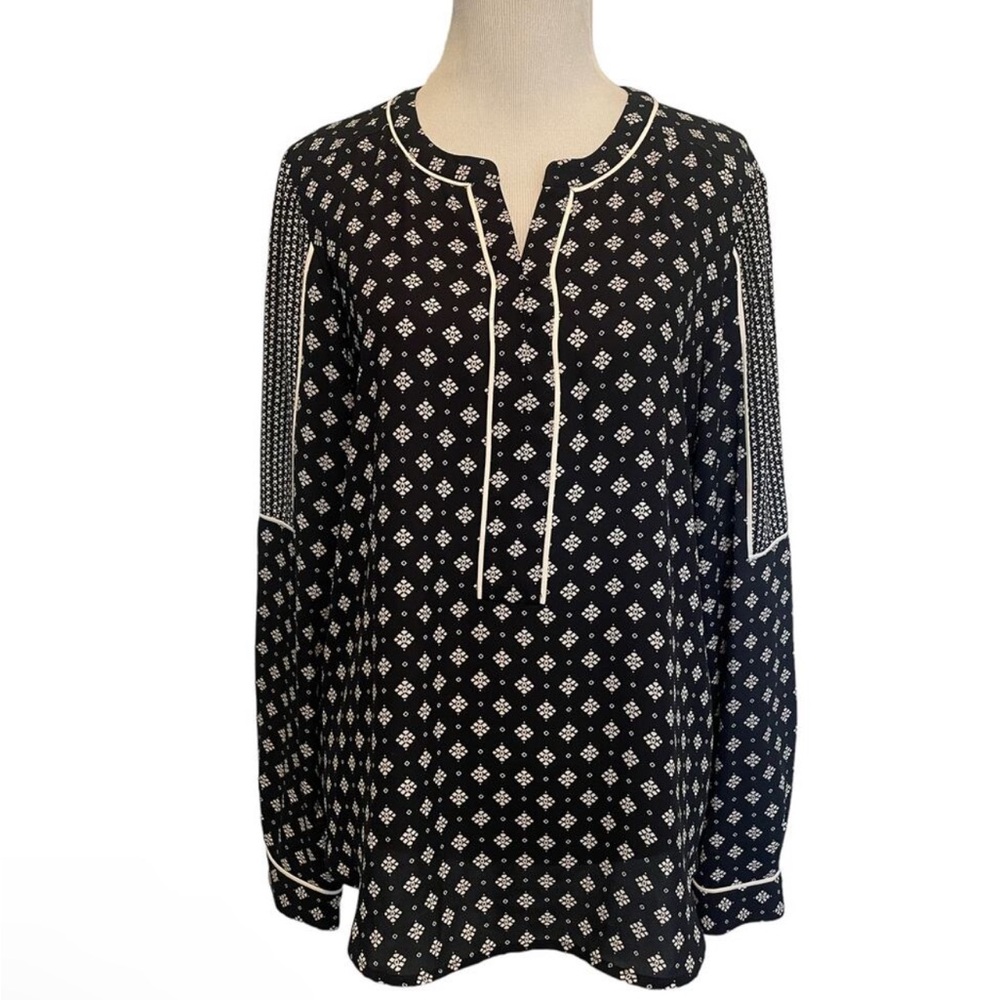 LOFT Mixed Print Popover Top Womens Small Navy Ivory Long Sleeve Peasant Blouse